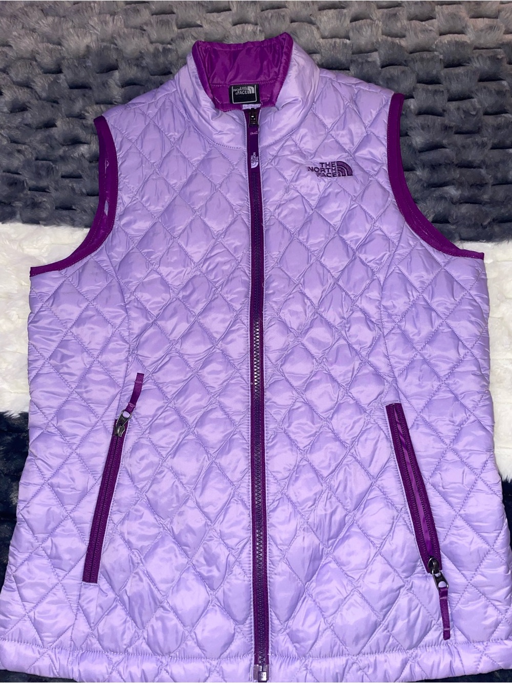 Kids The North Face Thermoball Lavender Quilted Vest with Plum Trim Sz 14/16